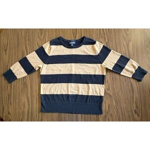 Lands' End Supima Cotton Sweater‎ Women's L/P 14-16 Navy Tan Stripe 3/4 Sleeve